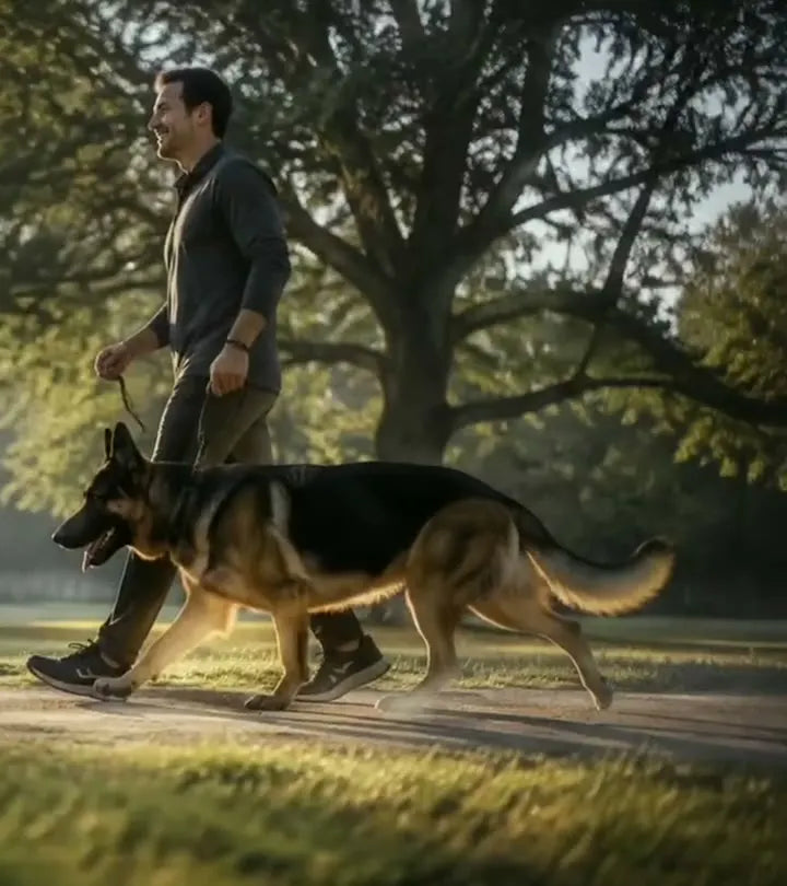 A dog and their person sharing a walk outdoors